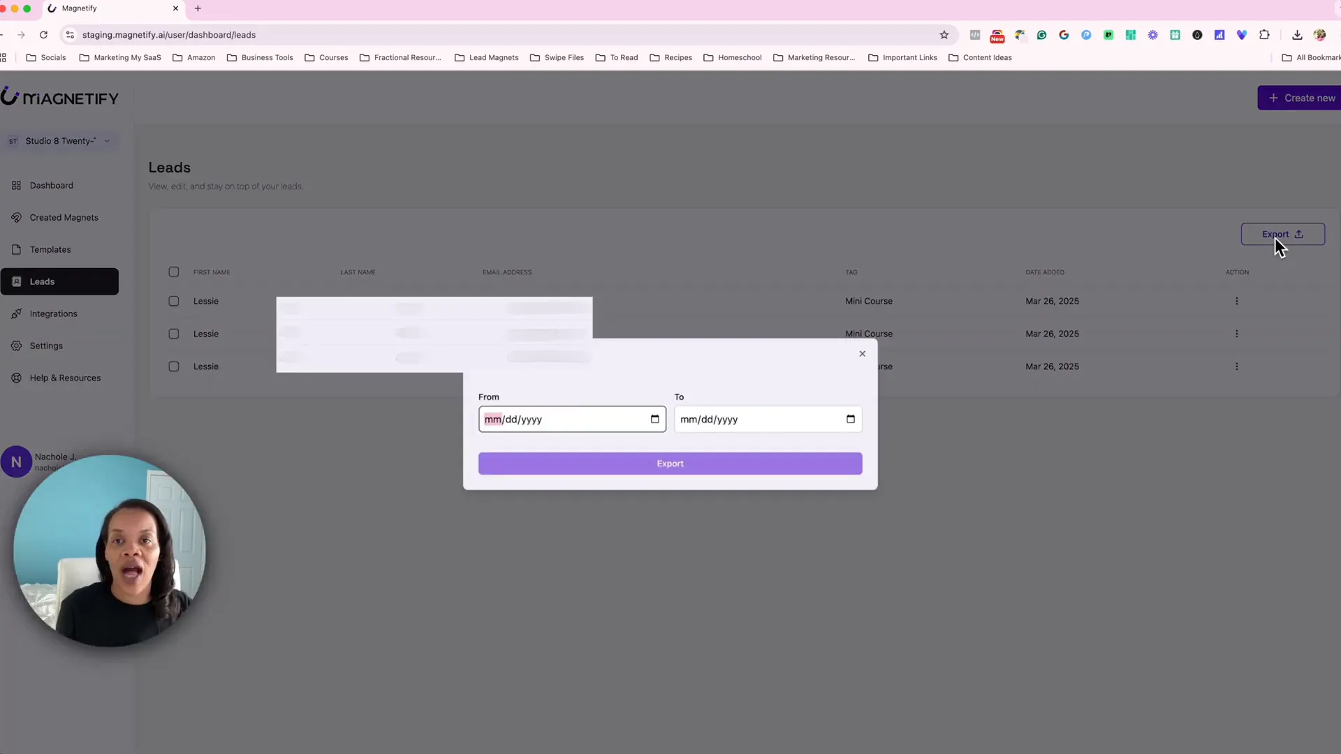 Leads tab selected on Magnetify dashboard