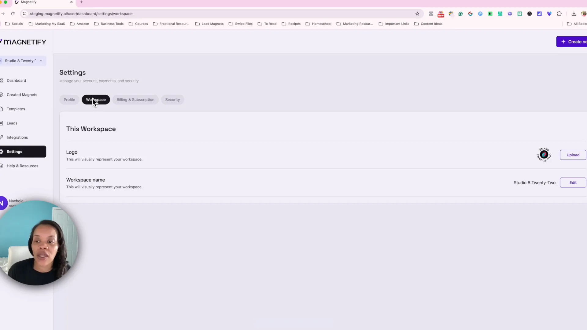 Settings page showing workspace customization options