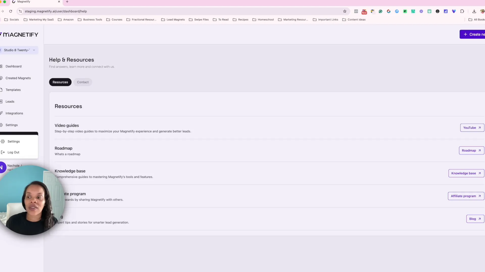 User settings dropdown with logout option