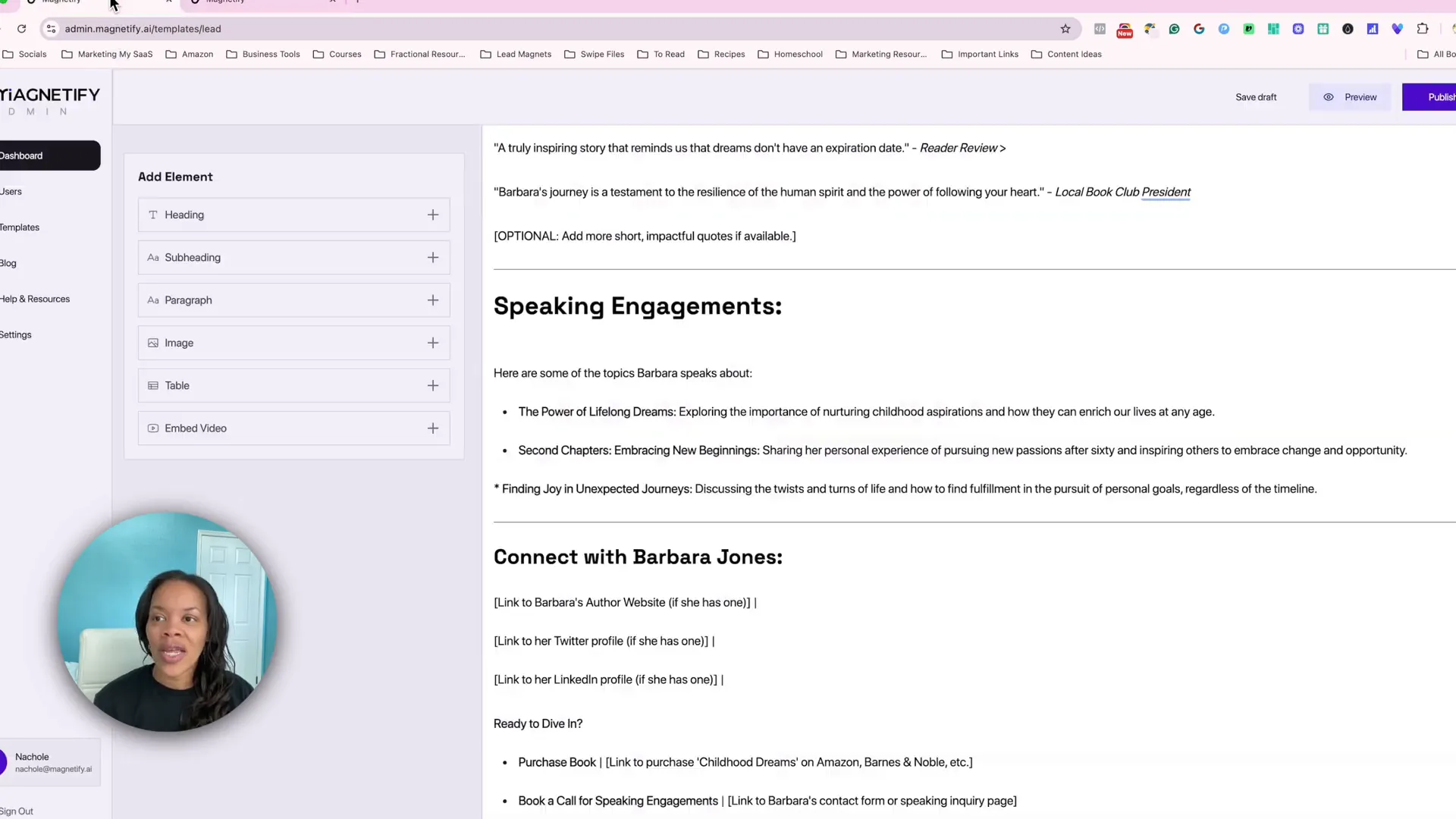 Magnetify editor showing customizable fields for author media kit