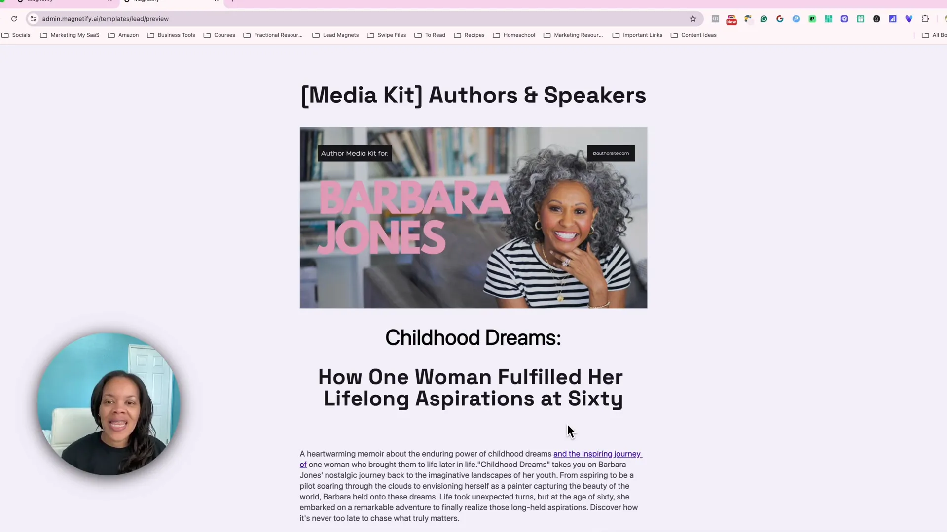 Live view of an author media kit on a lead page