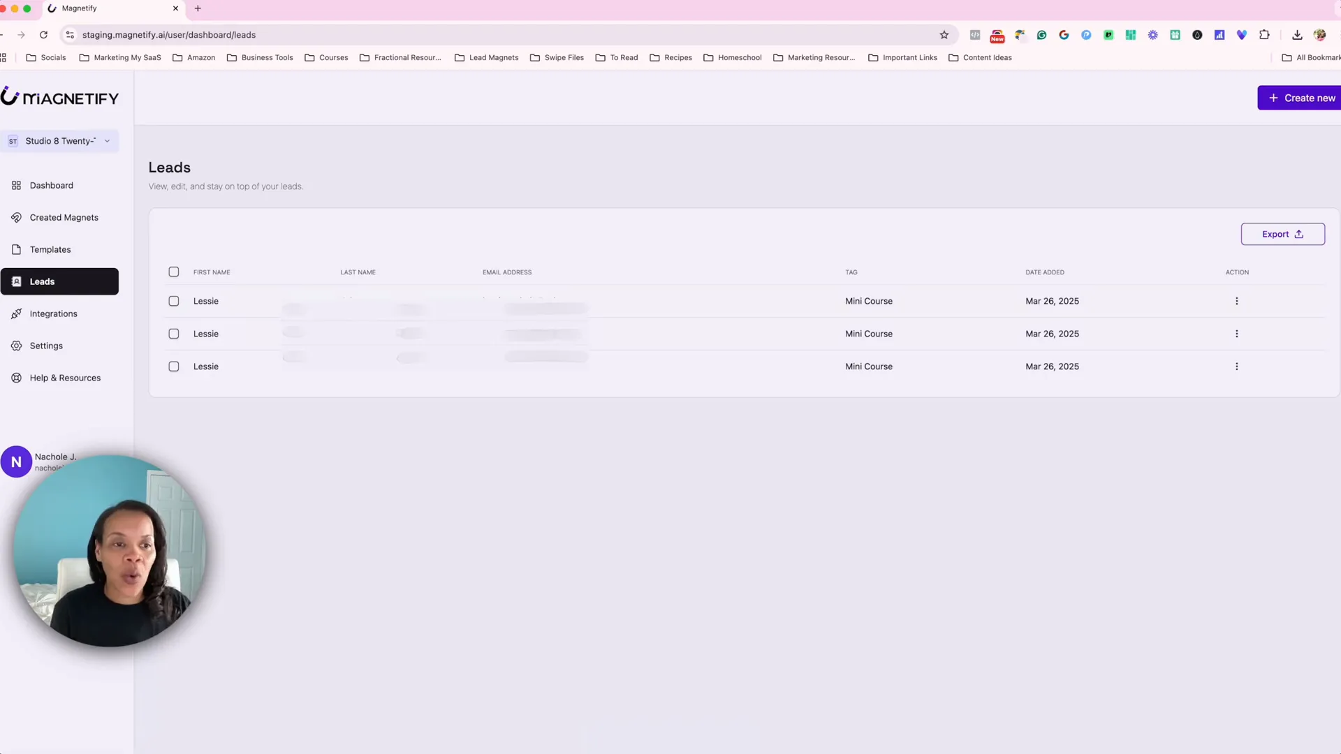 Export button in the upper right corner of Magnetify leads page