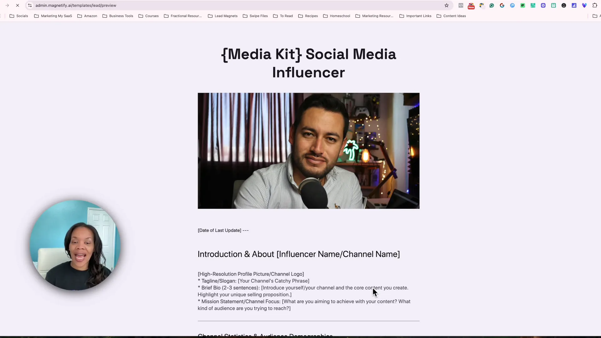 Screenshot of Magnetify influencer media kit template showing social media channel information